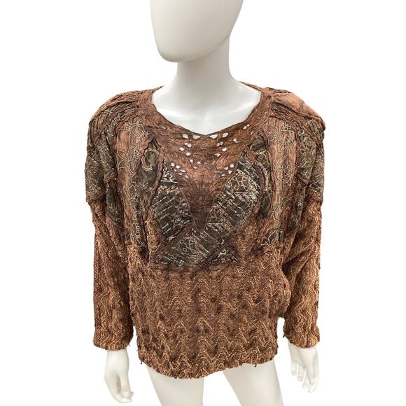 Vintage Caché Top Women’s Size L 100% Rayon 3/4 Sleeve Made In Italy Brown &Gold - Picture 1 of 5